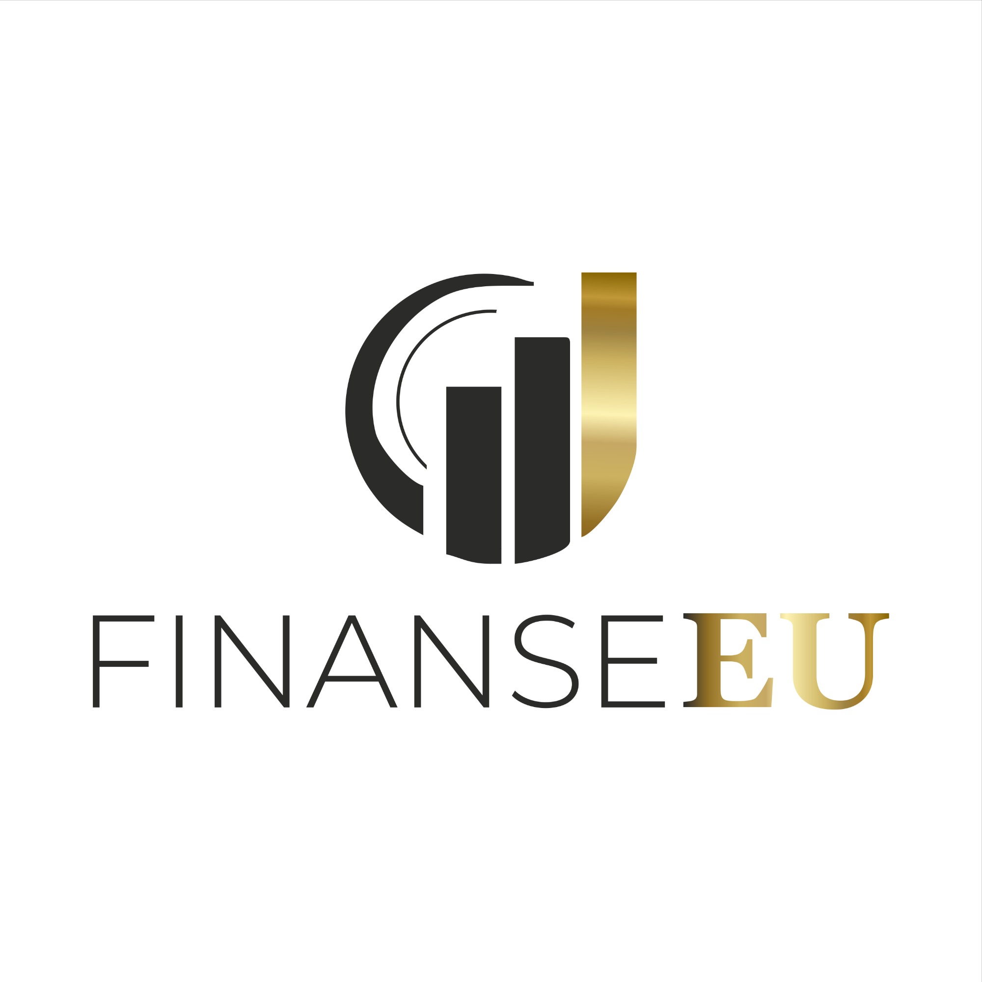 Eleganckie logo firmy FinanseEU z czarnym półokręgiem i złotym słupkiem wykresu na białym tle.