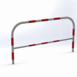 Metalowa poręcz ochronna w kolorze szarym z czerwonymi pasami ostrzegawczymi, render 3D na białym tle.