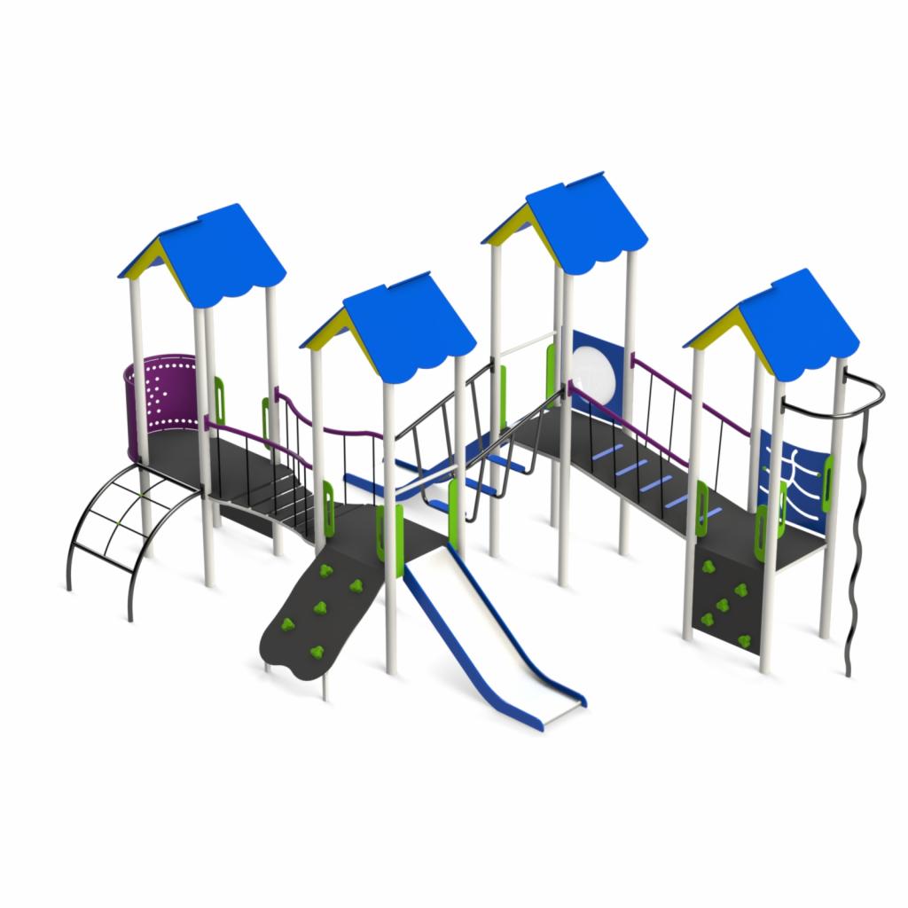 Wizualizacja 3D nowoczesnego placu zabaw z czterema wieżami połączonymi mostkami, zjeżdżalnią i ścianką wspinaczkową na białym tle.