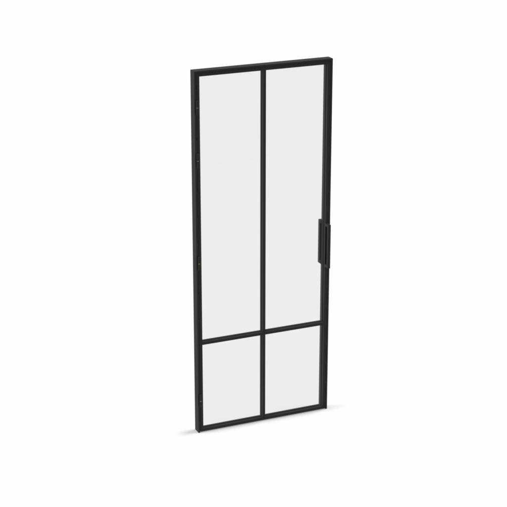 Szklane drzwi w czarnej metalowej ramie, z prostokątnymi podziałami i czarną klamką, na białym tle, prezentowane z perspektywy lekko z boku.