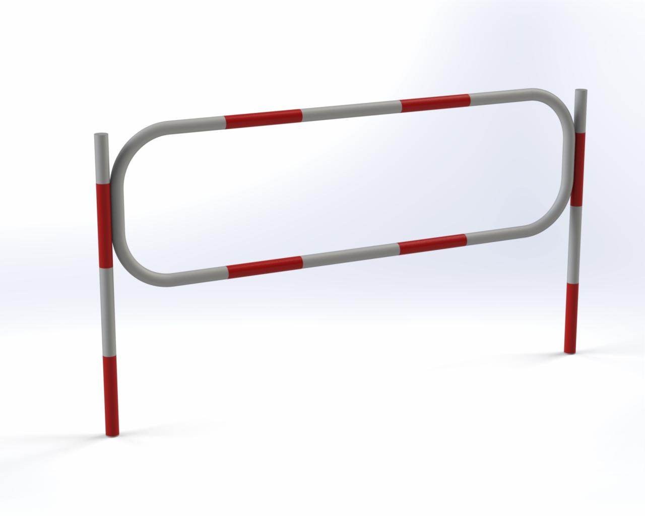 Szaro-biała bariera z czerwonymi pasami, render 3D na białym tle.