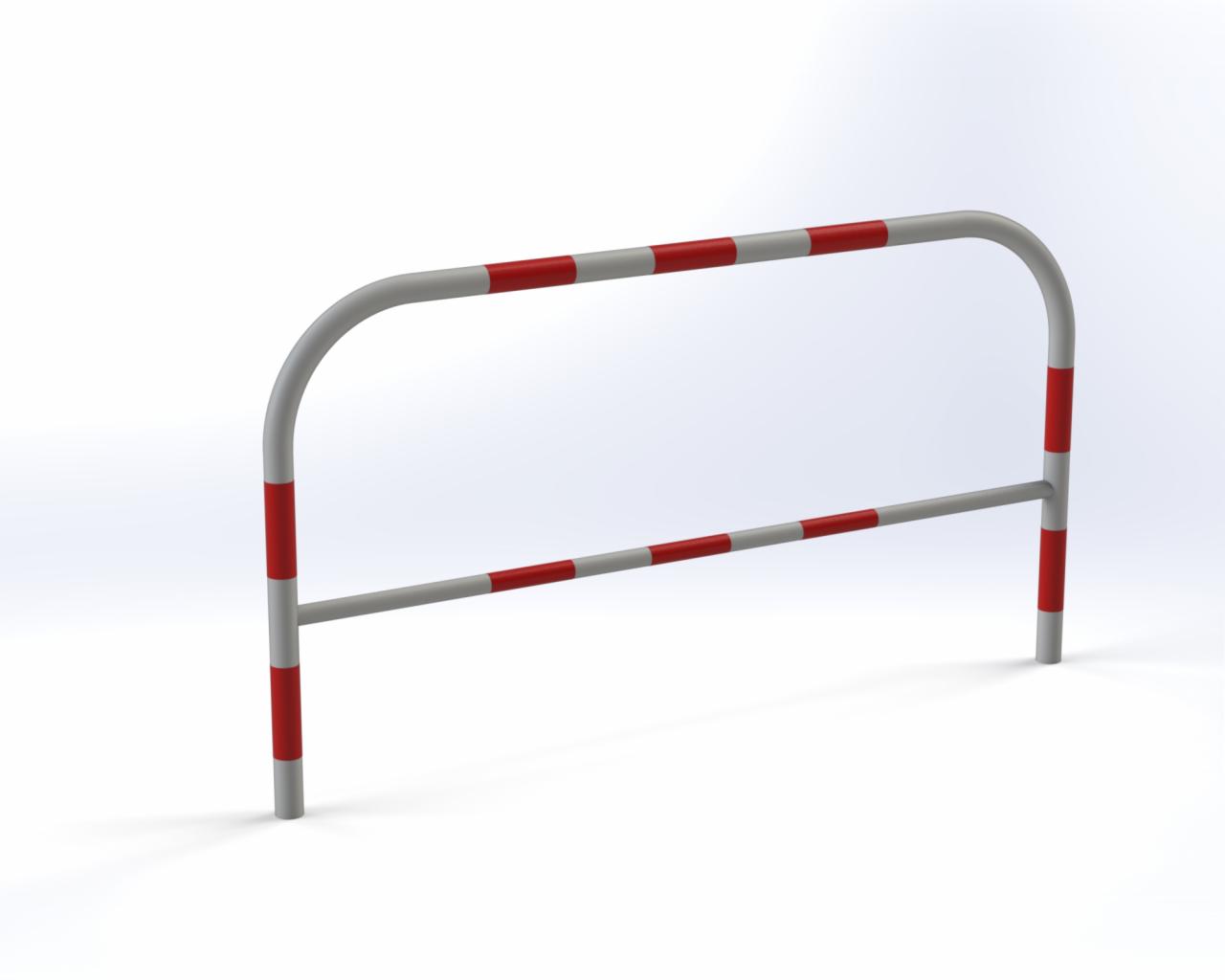 Metalowa poręcz ochronna w kolorze szarym z czerwonymi pasami ostrzegawczymi, render 3D na białym tle.
