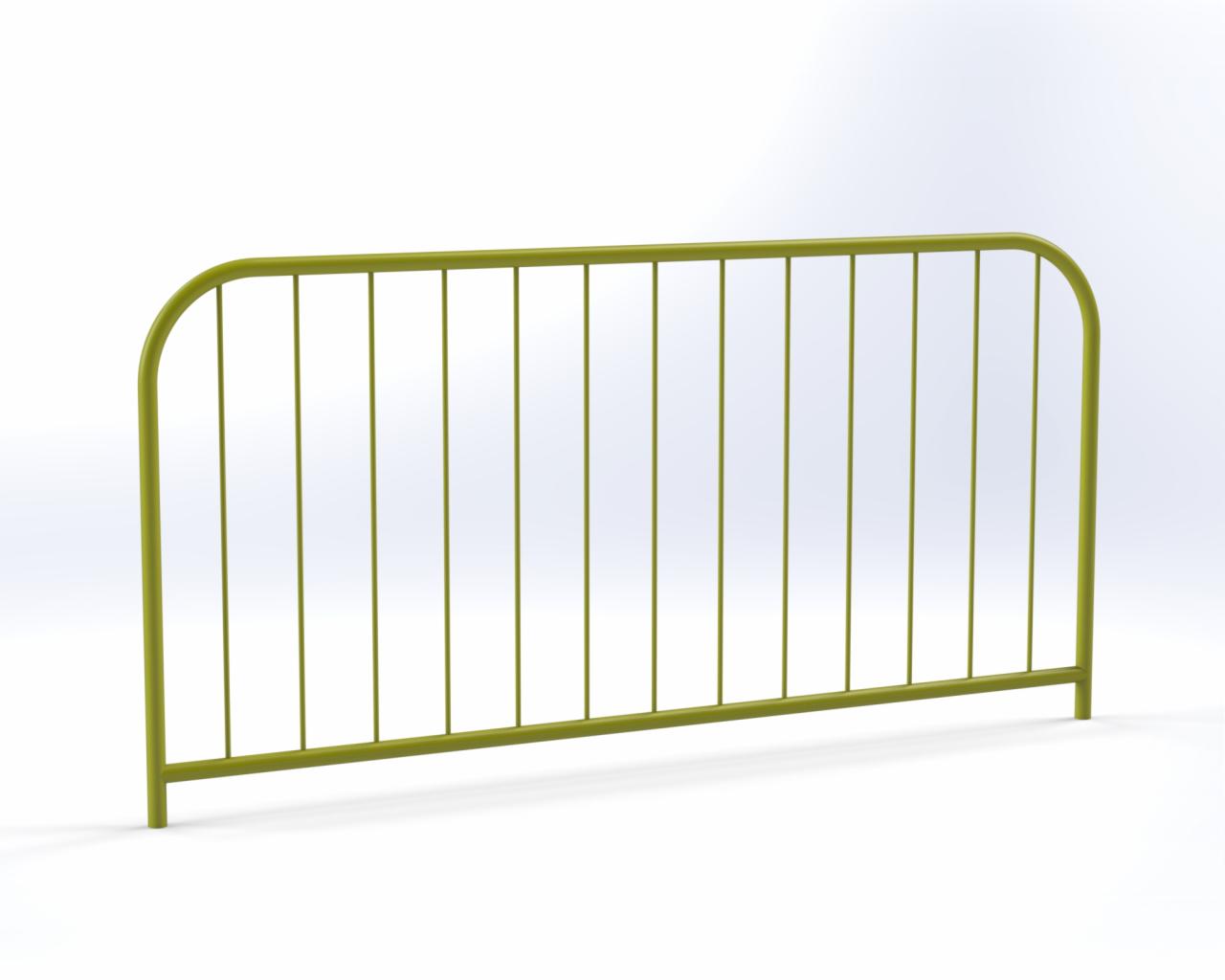Grafika 3D przedstawiająca zielony, metalowy płotek z pionowymi prętami na białym tle.