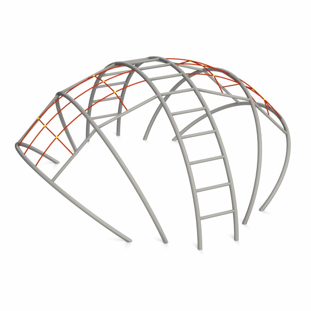Metalowa konstrukcja w kształcie kopuły z drabinką i siatką zabezpieczającą, przeznaczona na plac zabaw, na białym tle.