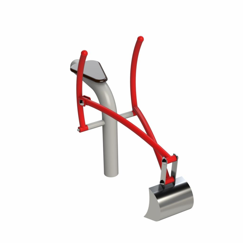 Metalowa konstrukcja zabawki w kształcie koparki z czerwonymi elementami na białym tle, przeznaczona do użytku na placu zabaw.