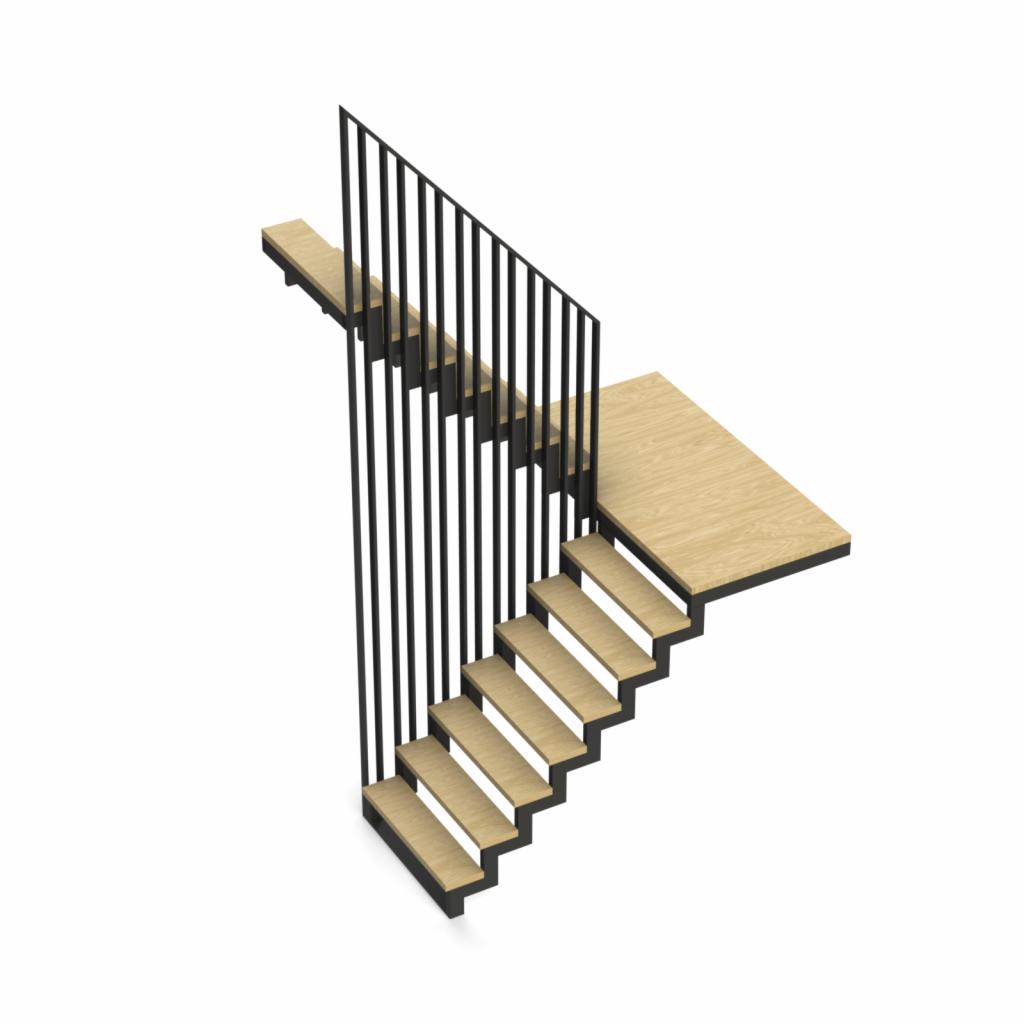 Wizualizacja schodów z drewnianymi stopniami i czarną, pionową balustradą, widok z góry na białym tle.