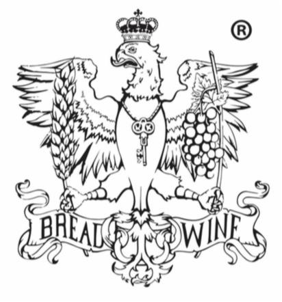 Czarno-biały logotyp przedstawiający orła w koronie, trzymającego w szponach kłos zboża i kiść winogron, z kluczem na szyi oraz napisem 'BREAD & WINE' na ozdobnej wstędze.