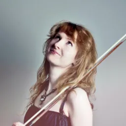 Portret kobiety z blond włosami, trzymającej smyczek do skrzypiec, spoglądającej w górę z lekkim uśmiechem, na tle jednolitego szarego tła.