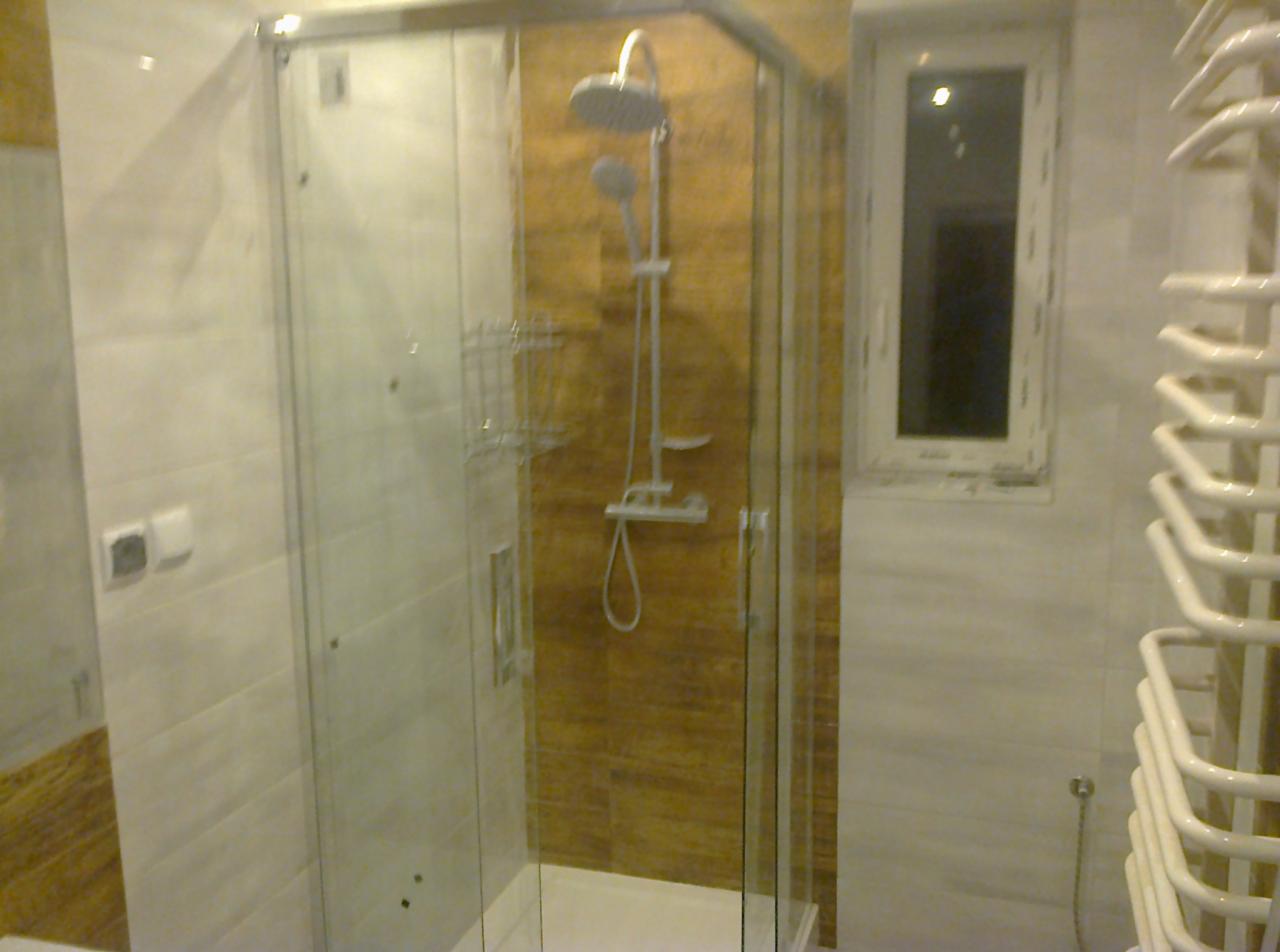 Kabina prysznicowa z przezroczystymi drzwiami, widoczna armatura i brązowe płytki wewnątrz, na ścianach białe płytki imitujące marmur, obok grzejnik drabinkowy i okno.