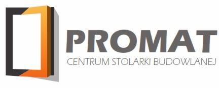 Logo firmy Promat Centrum Stolarki Budowlanej z graficznym symbolem otwartych drzwi w kolorze czarno-pomarańczowym.