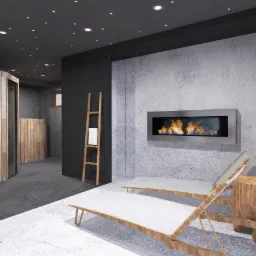 Wizualizacja wnętrza spa z drewnianą sauną, leżakami i kominkiem w ścianie.