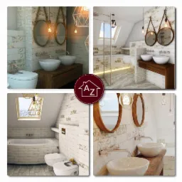 Kolaż czterech ujęć łazienki w stylu rustykalnym z elementami vintage: umywalki nablatowe na drewnianych blatach, okrągłe lustra na skórzanych paskach, biała ceramika sanitarna i dekoracyjne płytki...