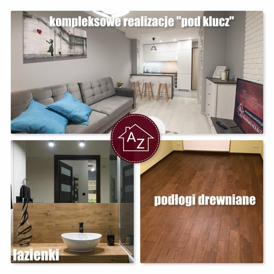 Kolaż czterech zdjęć przedstawiający salon z szarą sofą i obrazem Banksy'ego, kuchnię z białymi meblami, łazienkę z drewnianą ścianą i białą umywalką oraz podłogę z ciemnego drewna, całość...