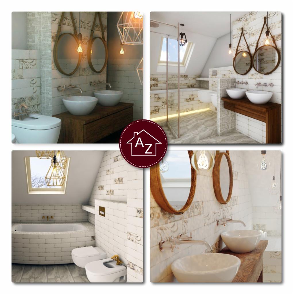 Kolaż czterech ujęć łazienki w stylu rustykalnym z elementami vintage: umywalki nablatowe na drewnianych blatach, okrągłe lustra na skórzanych paskach, biała ceramika sanitarna i dekoracyjne płytki...