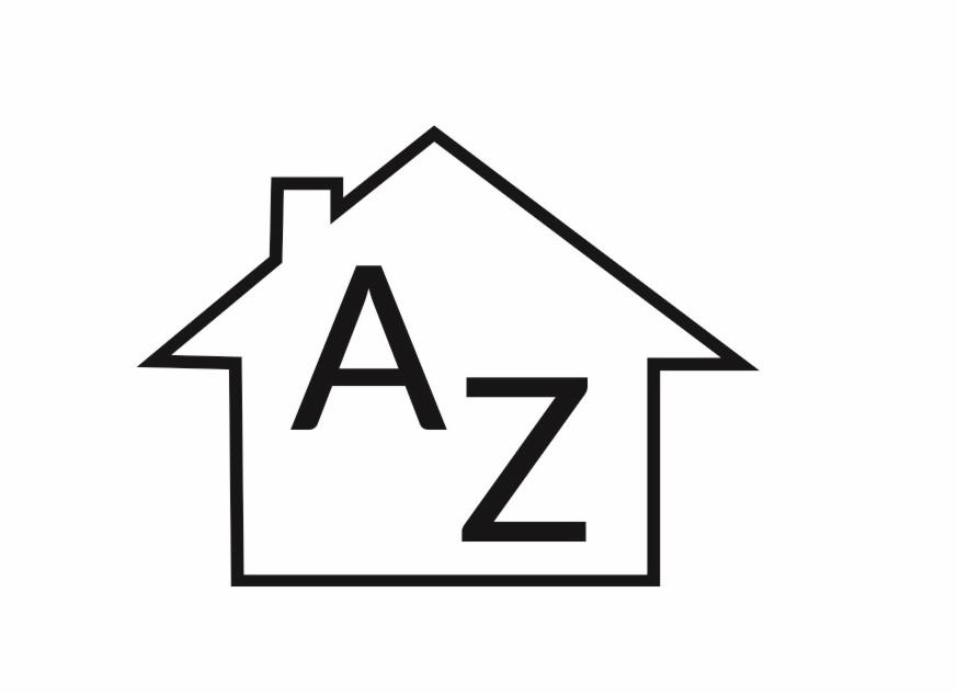 Minimalistyczny czarno-biały logotyp przedstawiający kontur domu z literami A i Z wpisanymi w jego wnętrze.