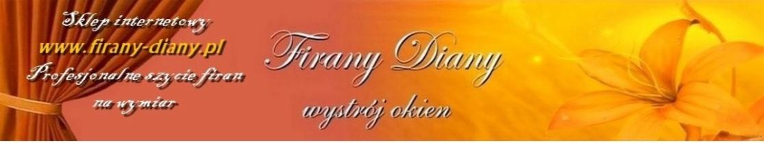 Grafika reklamowa sklepu internetowego z firanami, przedstawiająca upiętą pomarańczową zasłonę, napis 'Firany Diany' oraz żółty kwiat lilii w tle.
