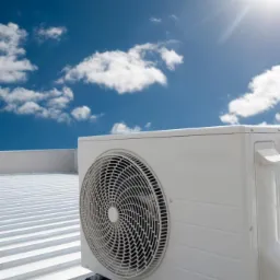 Biała jednostka zewnętrzna klimatyzacji zamontowana na metalowym dachu z widokiem na błękitne niebo z chmurami i silnym słońcem.