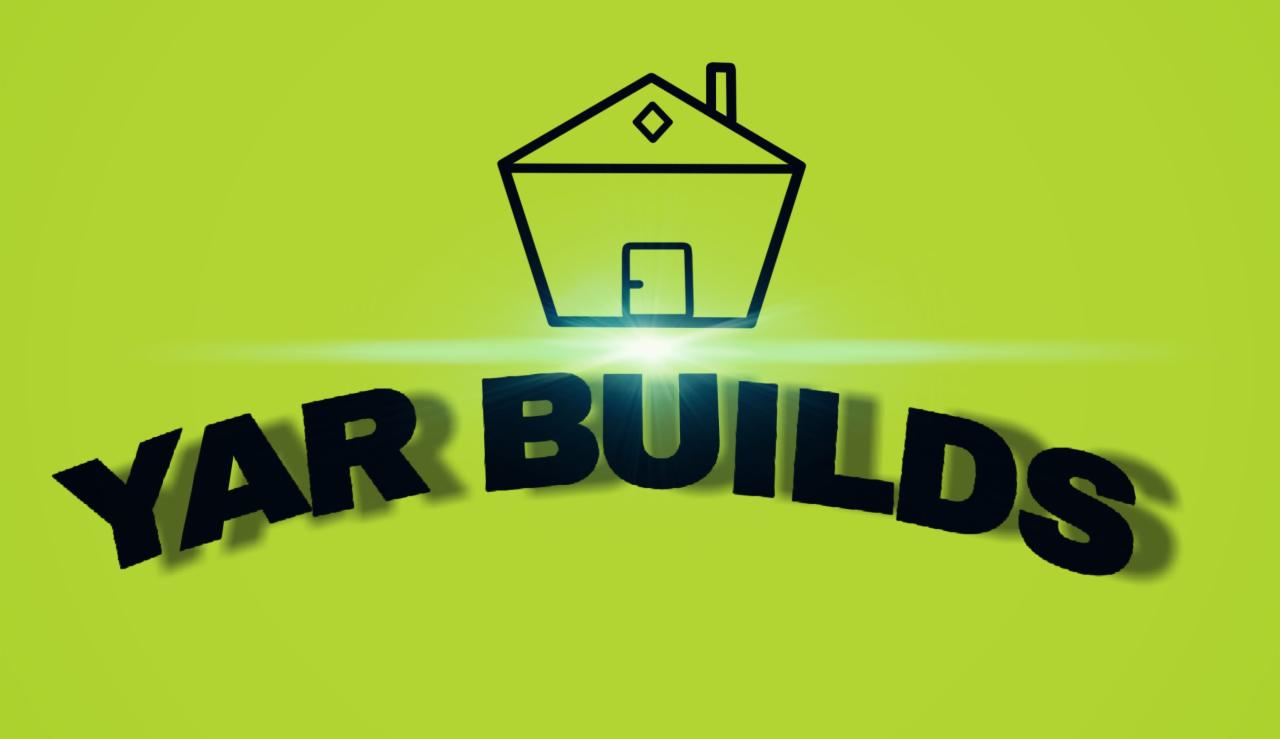 Grafika z logo firmy budowlanej YAR BUILDS, przedstawiająca schematyczny dom na zielonym tle z efektem świetlnym.