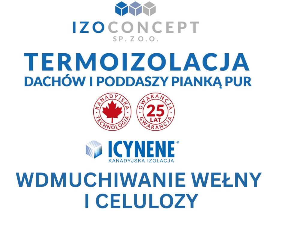 Grafika informacyjna: Termoizolacja dachów i poddaszy pianką PUR, wdmuchiwanie wełny i celulozy. Logo firmy IzoConcept z gwarancją 25 lat.