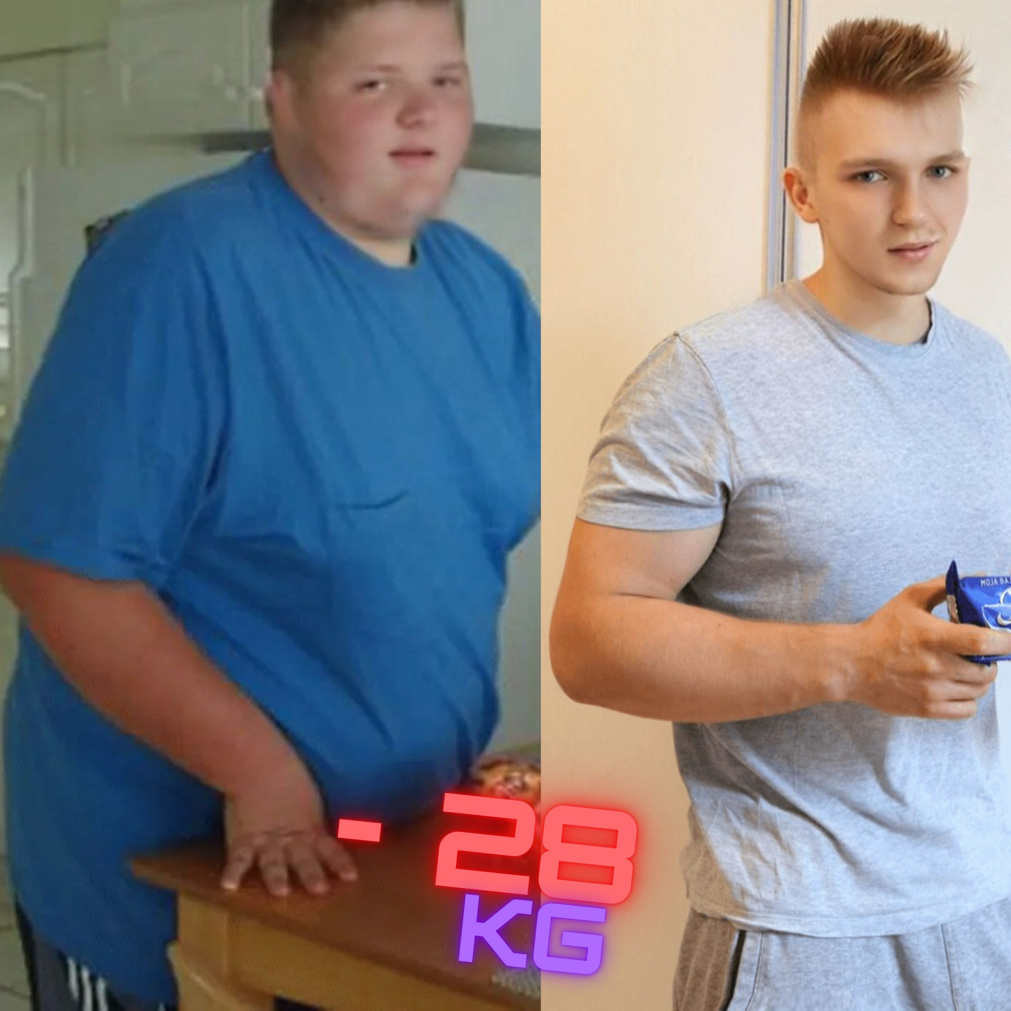 Mężczyzna przed i po utracie wagi, z zaznaczoną różnicą -28 kg, trzymający batonik w dłoni.