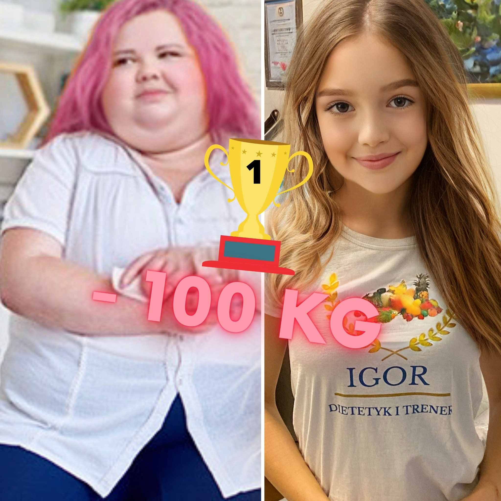 Zdjęcie typu przed i po: Kobieta przed i po utracie 100 kg, z grafiką pucharu i napisem '-100 KG' na środku. Na koszulce dziewczyny napis 'Igor Dietetyk i Trener'.