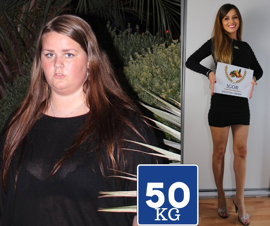 Kobieta przed i po utracie wagi, z informacją o 50 kg różnicy, trzymająca plakat z logo dietetyka.