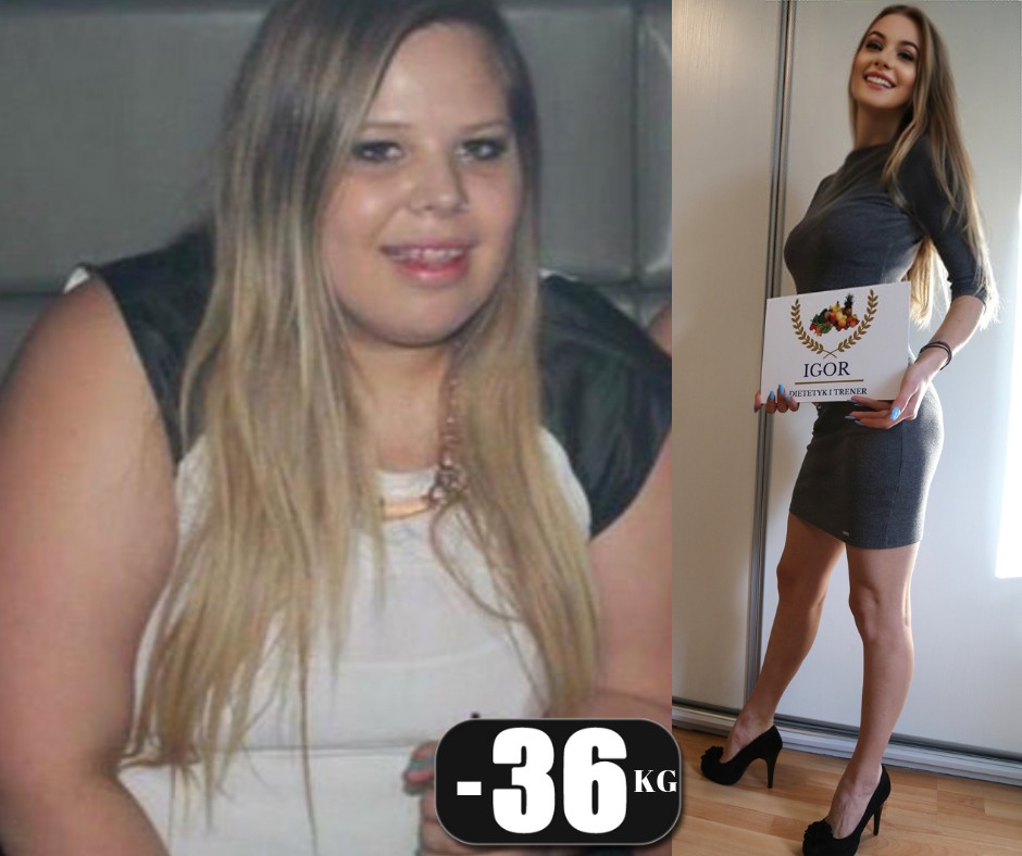 Metamorfoza sylwetki kobiety: zdjęcie przed i po kuracji odchudzającej, z zaznaczoną utratą 36 kg; kobieta trzyma certyfikat z imieniem i nazwiskiem oraz dopiskiem: dietetyk i trener.