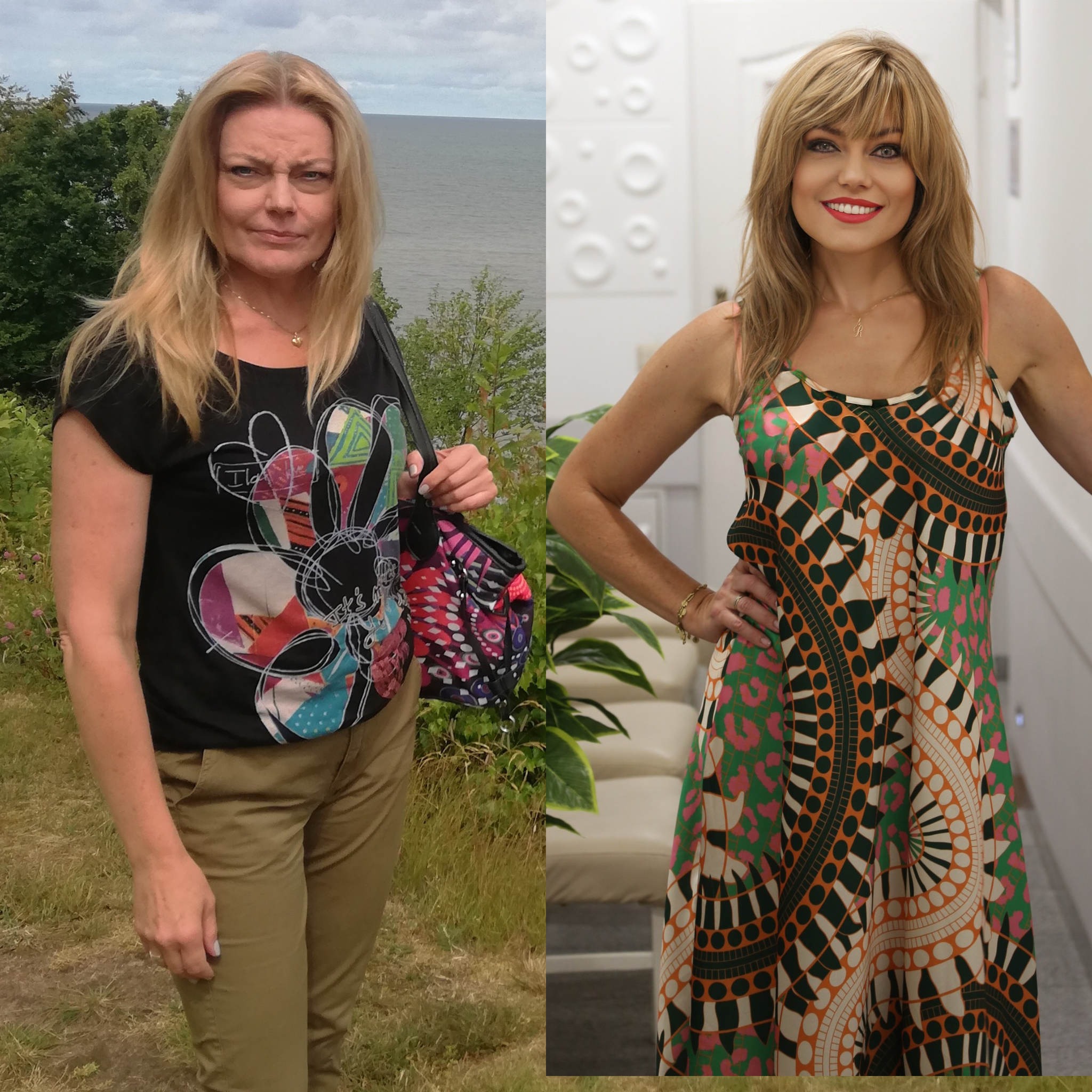 Kobieta przed i po metamorfozie: po lewej stronie zdjęcie w plenerze z widokiem na morze, po prawej w sukience w salonie z dekoracyjną ścianą.