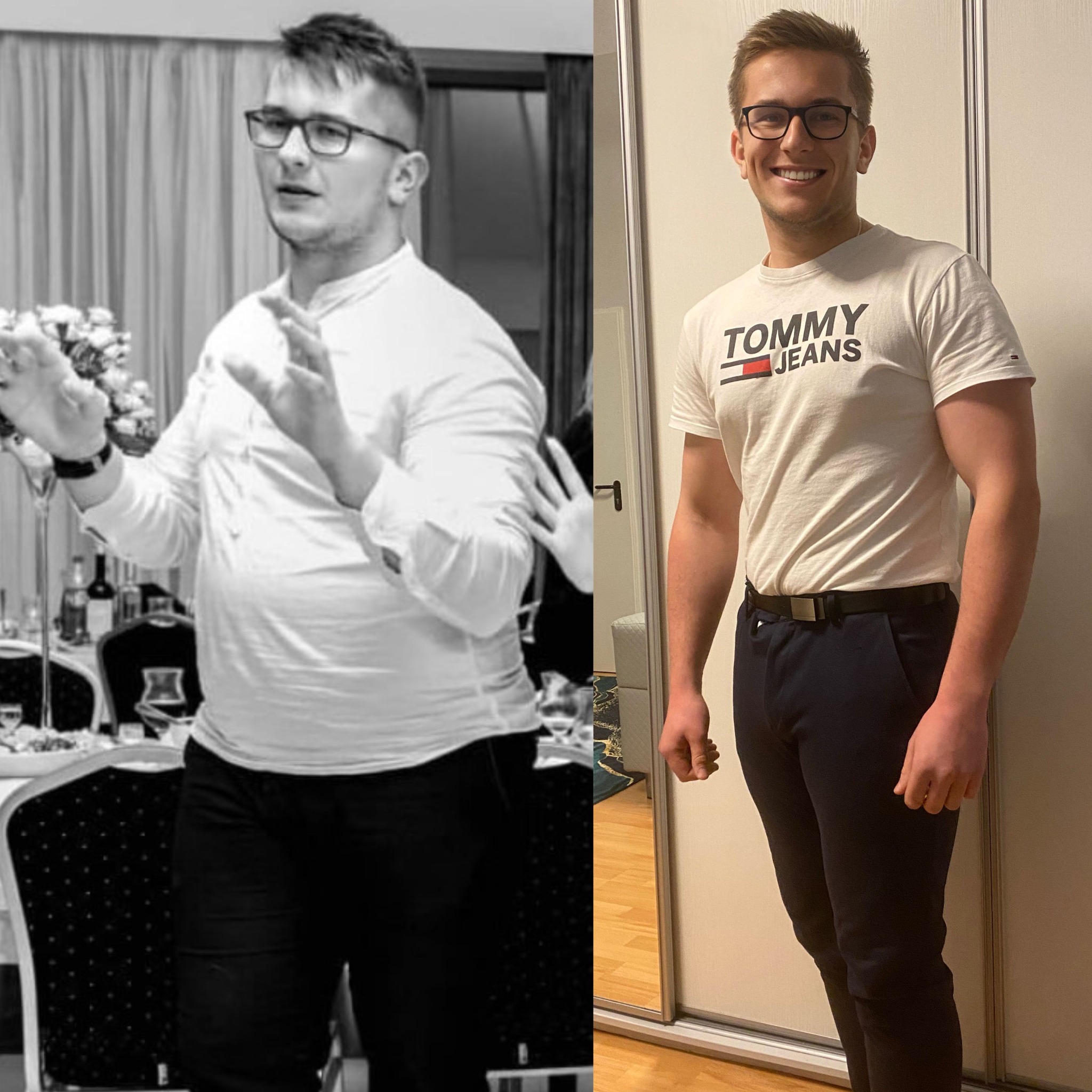 Mężczyzna przed i po kuracji odchudzającej, widoczna różnica w sylwetce, uśmiechnięty na drugim zdjęciu.