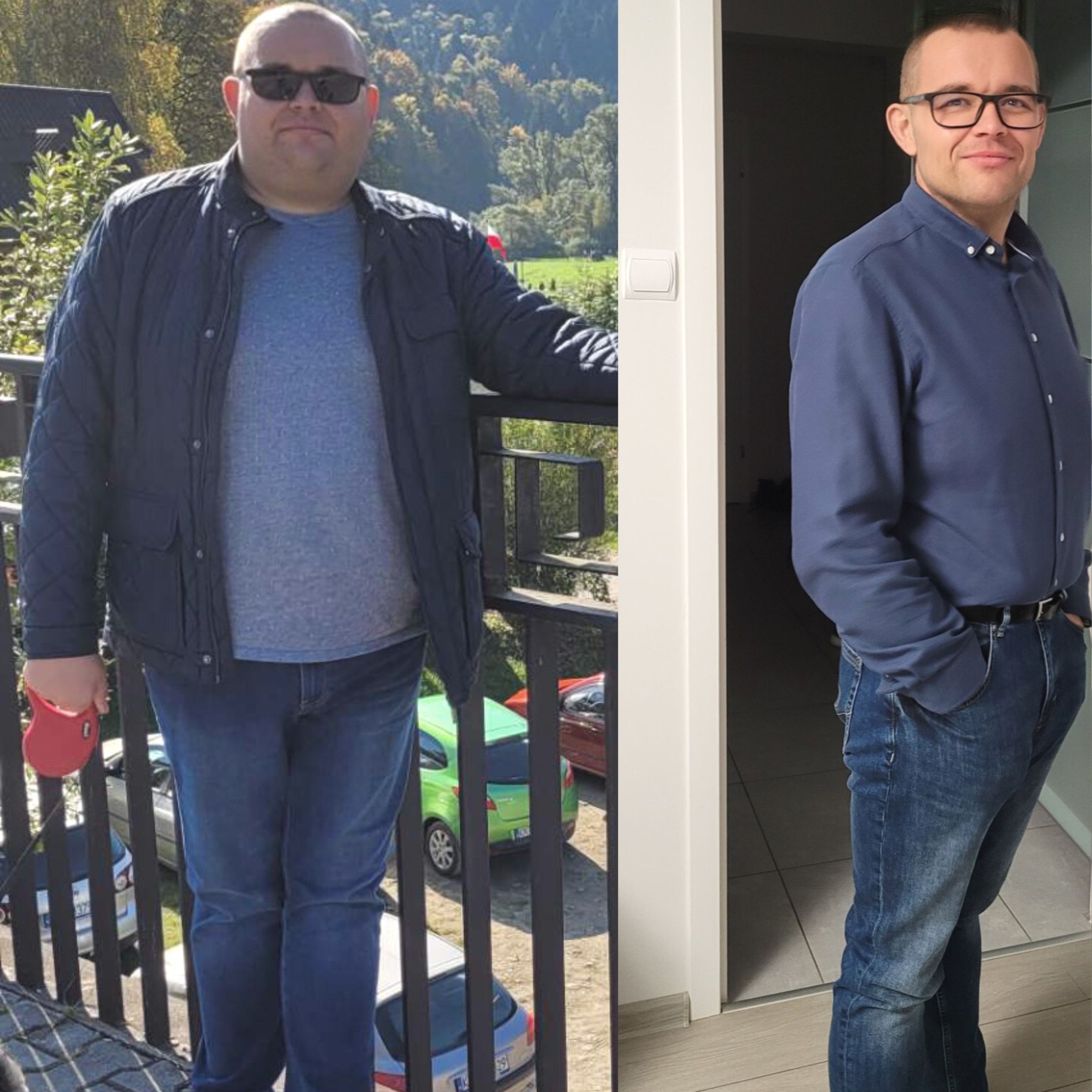 Mężczyzna przed i po zmianie wagi, widoczna różnica w sylwetce i ubraniach, na pierwszym planie balkon z widokiem na zalesione wzgórza.