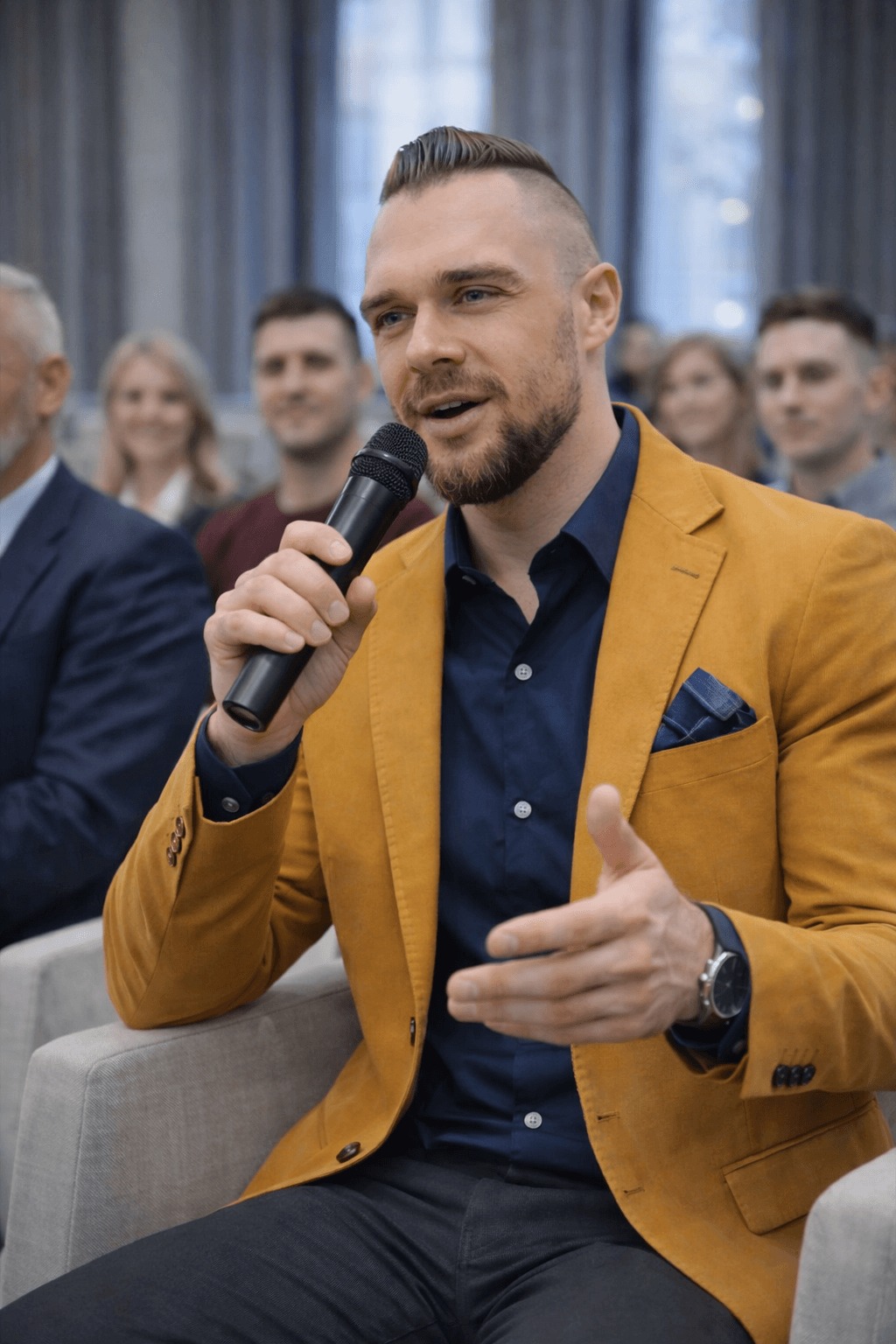 Mężczyzna w musztardowej marynarce przemawia do publiczności, trzymając mikrofon. W tle widoczni słuchacze. Uwagę przykuwa jego modna fryzura i wyrazista gestykulacja.