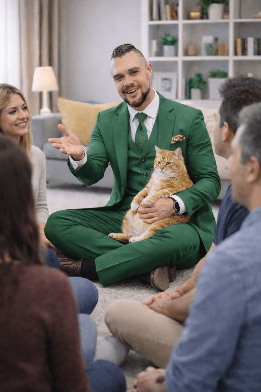 Mężczyzna w zielonym garniturze siedzi po turecku z rudym kotem na kolanach, prowadząc grupowe spotkanie. W tle regał z książkami i siedzący ludzie.