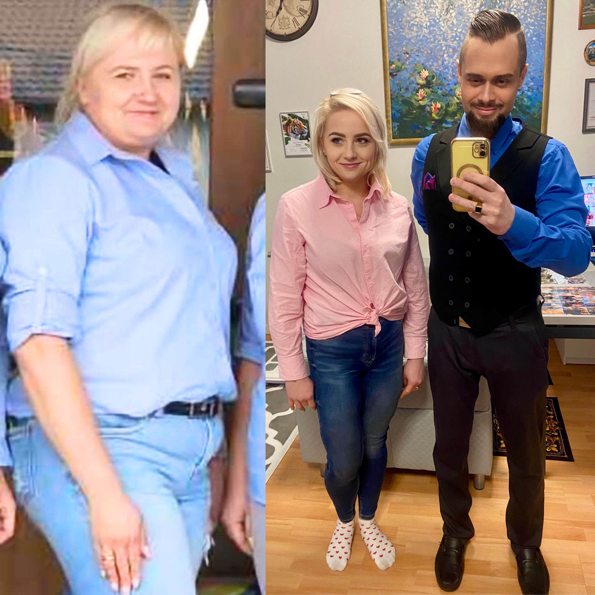 Zdjęcie 'przed i po' przedstawia metamorfozę sylwetki kobiety po kuracji. Po prawej stronie stoi para, kobieta i mężczyzna, prezentujący efekty. Widoczne zmiany w ubraniach.