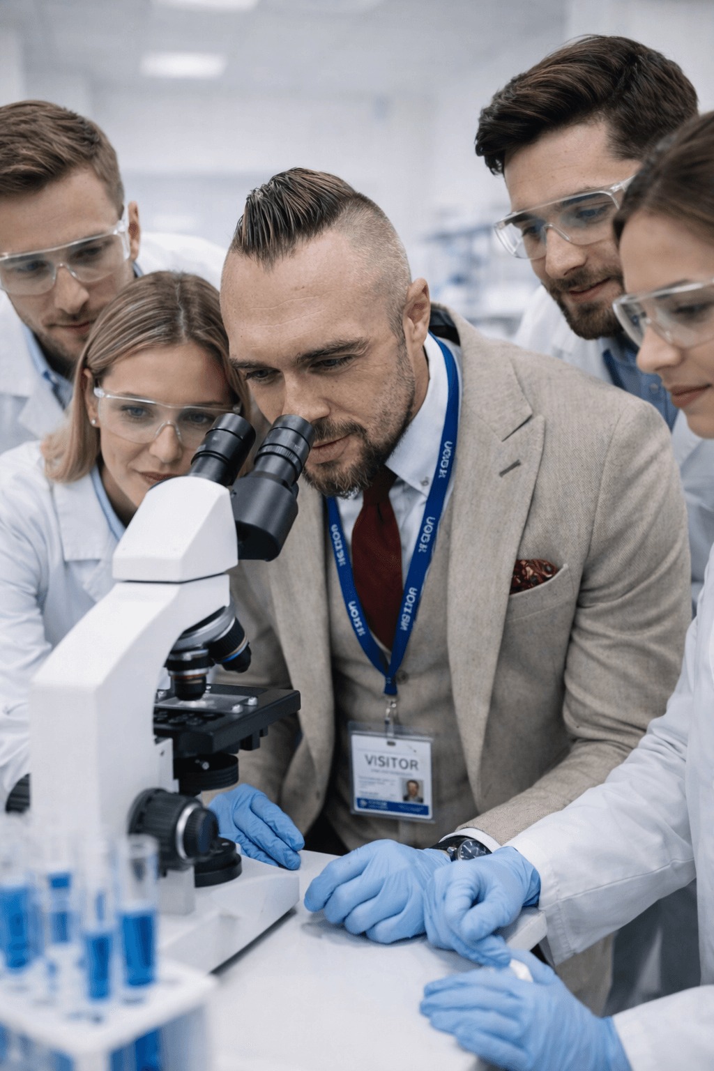 Zespół naukowców w laboratorium analizuje próbki pod mikroskopem. Mężczyzna w garniturze nadzoruje pracę, ubrany w rękawice ochronne. W tle probówki z niebieskim płynem.