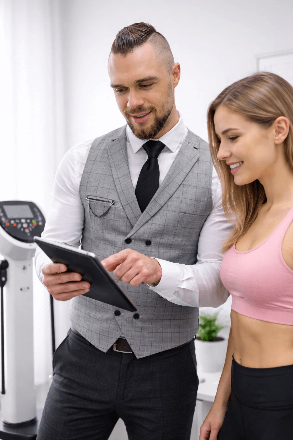 Konsultacja dietetyczna w Radomiu: dietetyk w eleganckiej kamizelce omawia wyniki pomiarów z klientką, używając tabletu. W tle widoczny analizator składu ciała.
