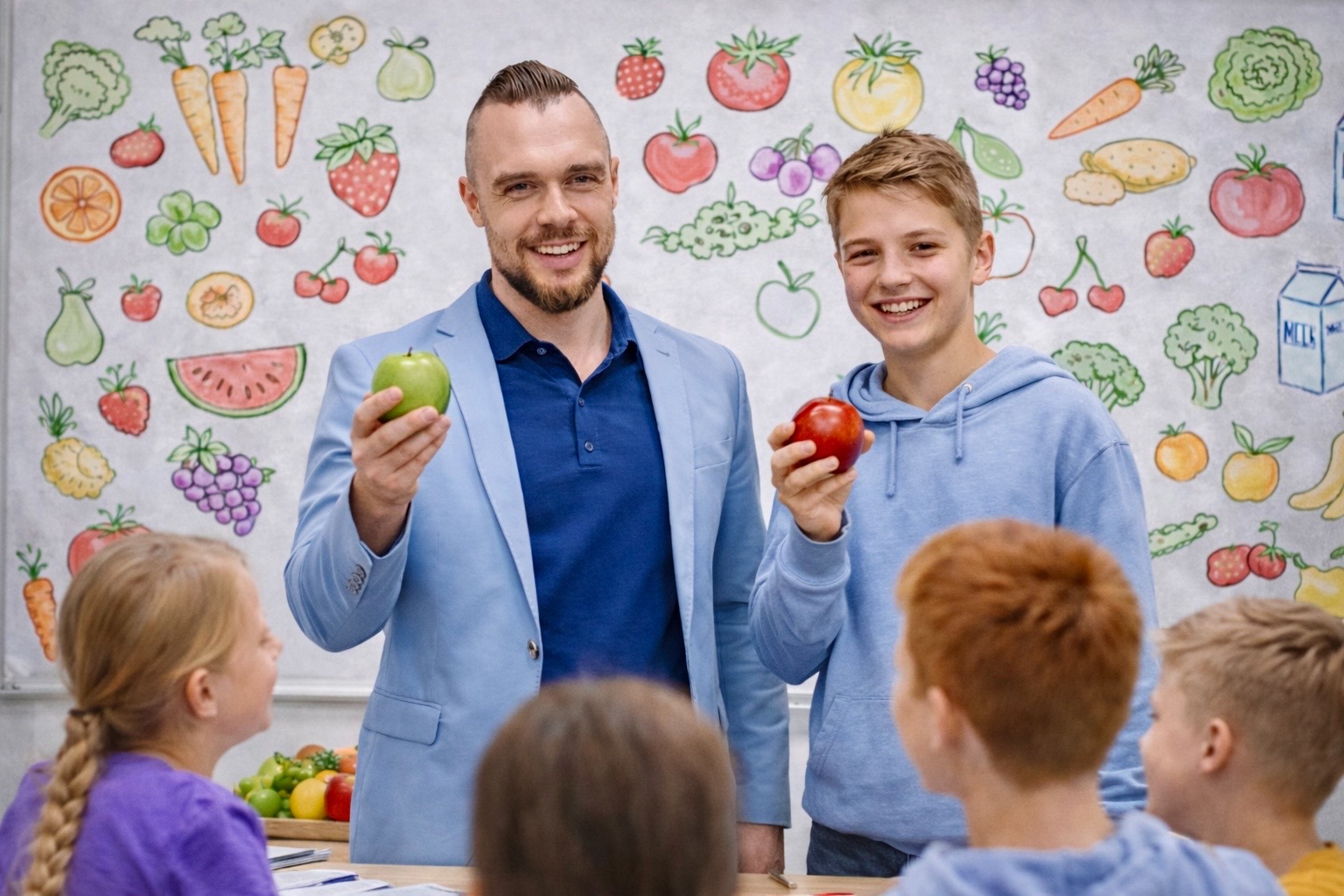 Konsultacja żywieniowa: uśmiechnięty mężczyzna i nastolatek prezentują jabłka na tle ściany z rysunkami owoców i warzyw, otoczeni dziećmi.