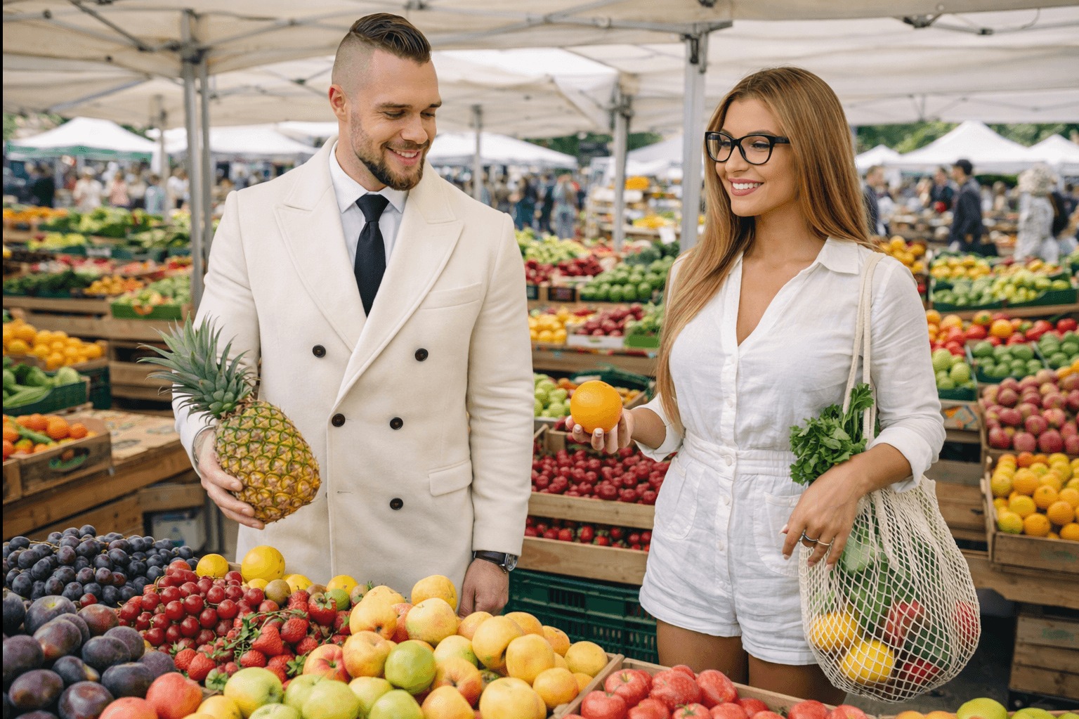 Para na targu warzywnym: mężczyzna w eleganckim płaszczu trzyma ananasa, kobieta w okularach pomarańczę i torbę z zielenią. Zdrowe odżywianie, świeże produkty.