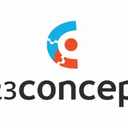 Logo firmy z nazwą '123concept' i abstrakcyjnym symbolem powyżej, złożonym z elementów przypominających puzzle w kolorach niebieskim, pomarańczowym i czerwonym.