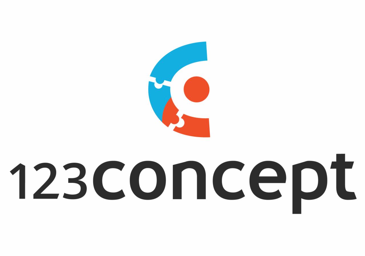 Logo firmy z nazwą '123concept' i abstrakcyjnym symbolem powyżej, złożonym z elementów przypominających puzzle w kolorach niebieskim, pomarańczowym i czerwonym.