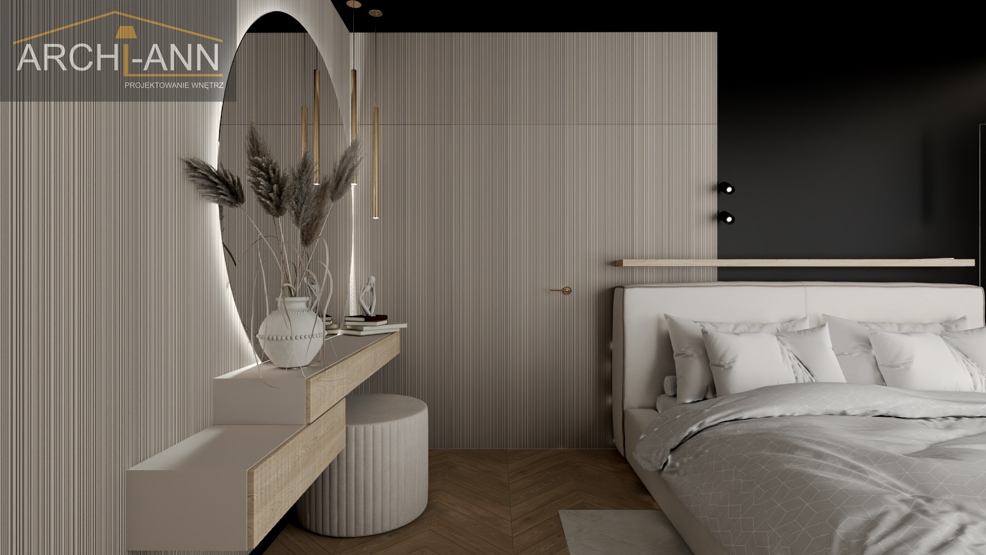 Nowoczesna sypialnia z toaletką z podświetlanym lustrem, puszystym stołkiem i łóżkiem z szarą pościelą na parkiecie w jodełkę.