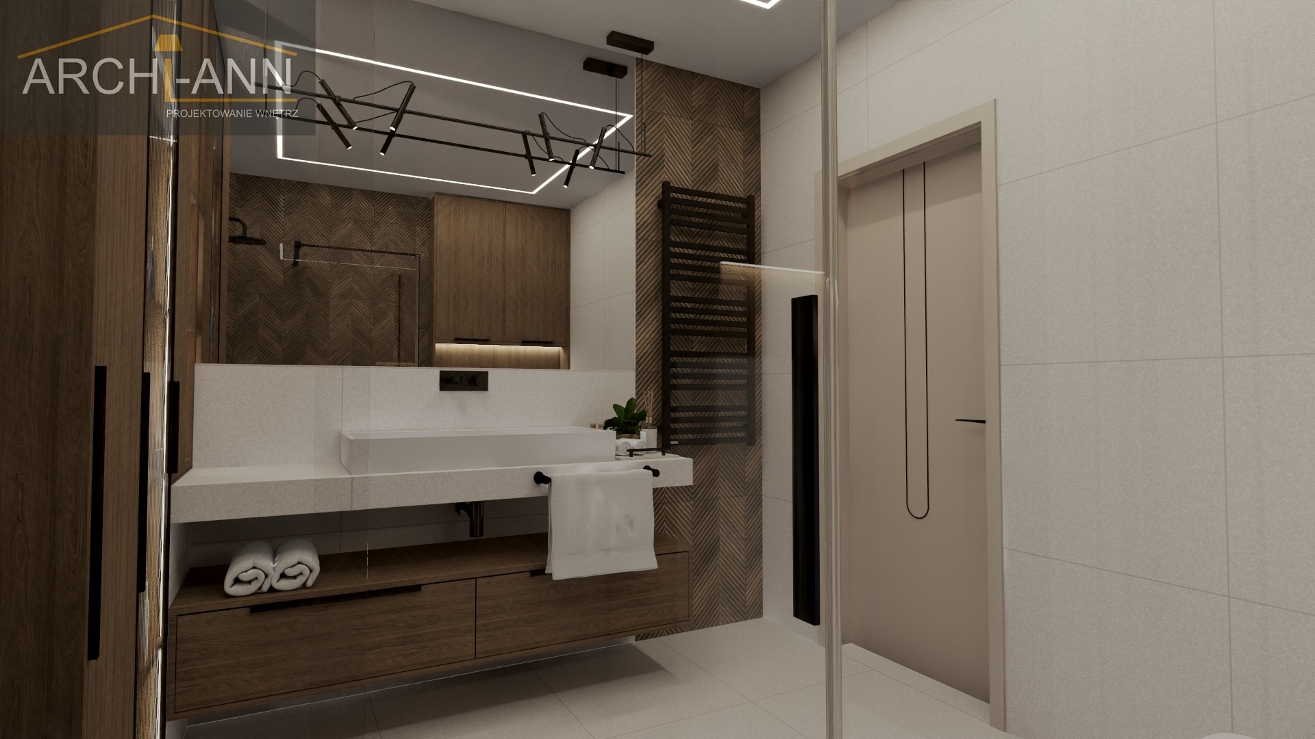 Wizualizacja nowoczesnej łazienki z drewnianymi akcentami, umywalką nablatową, grzejnikiem drabinkowym i oświetleniem LED, z widocznym logo firmy projektowej w lewym górnym rogu.