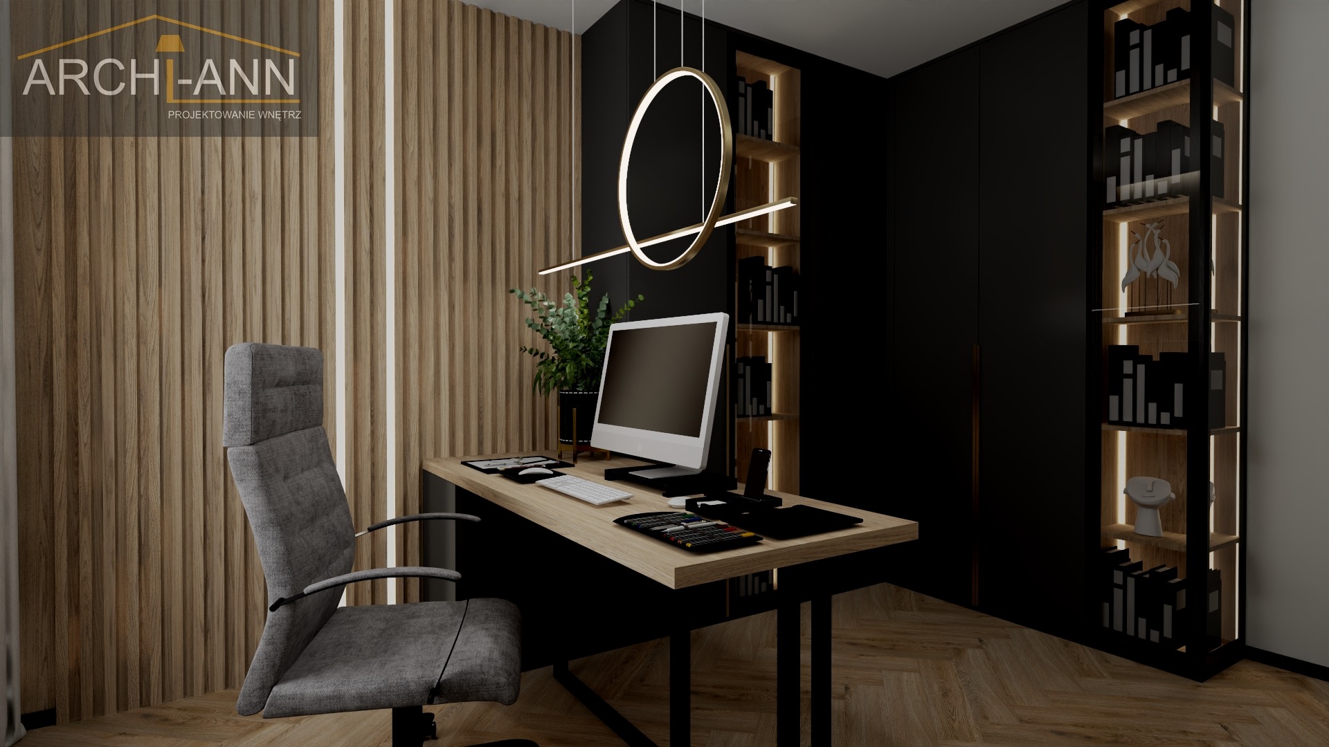 Nowoczesne biuro domowe z drewnianą ścianą, minimalistycznym biurkiem, ergonomicznym krzesłem i okrągłą lampą wiszącą, uzupełnione o podświetlany regał z dekoracjami.