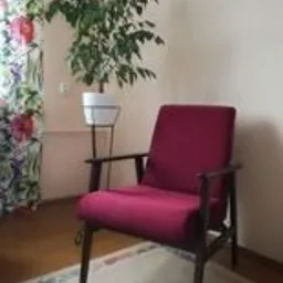 Fotel tapicerowany w kolorze burgundowym na tle jasnej ściany, obok doniczka z zieloną rośliną na metalowym stojaku, widoczny fragment wzorzystej zasłony i dywanu.