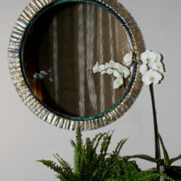 Okrągłe lustro ze zdobioną, srebrno-złotą ramą, wiszące nad paprotką w doniczce, z orchideą po prawej stronie, na tle wzorzystej zasłony.