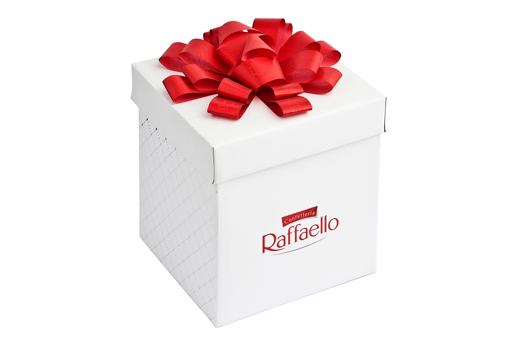 Białe pudełko prezentowe z czerwoną kokardą i logo 'Confetteria Raffaello' na białym tle.
