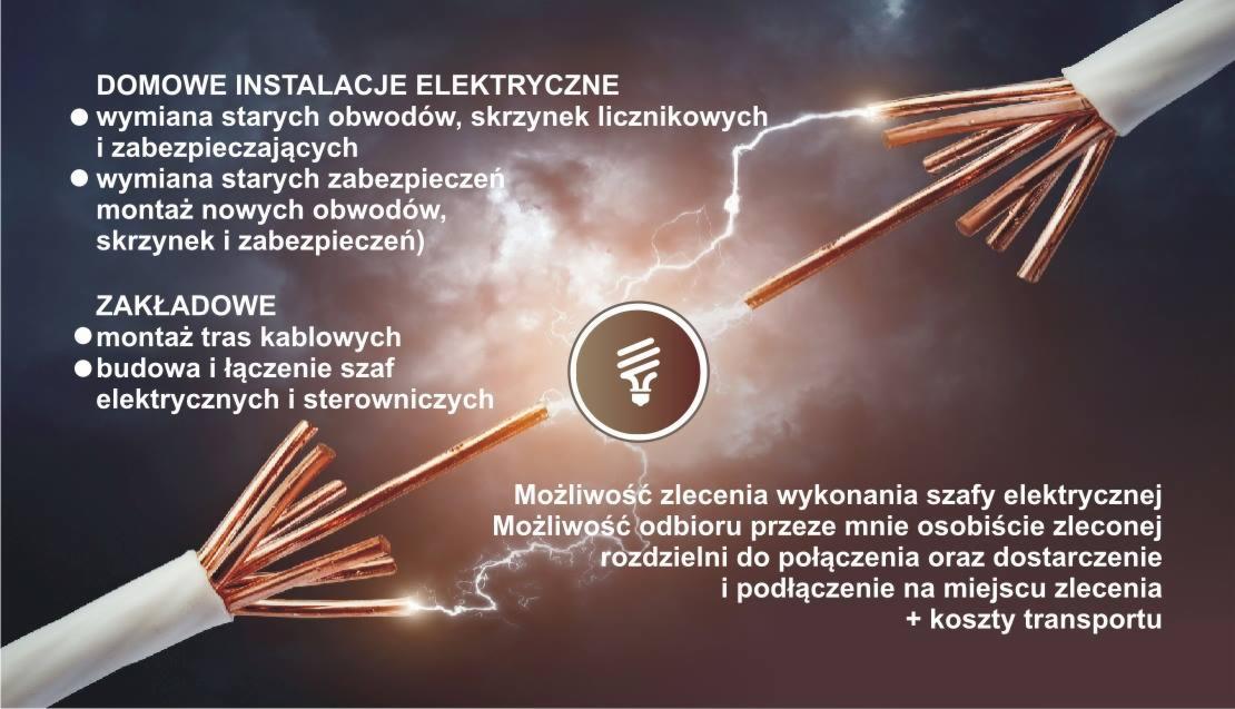Grafika reklamowa przedstawiająca schematycznie instalacje elektryczne domowe i zakładowe, z rozgałęzionymi przewodami i symbolem żarówki, sugerująca usługi związane z budową i łączeniem szaf...