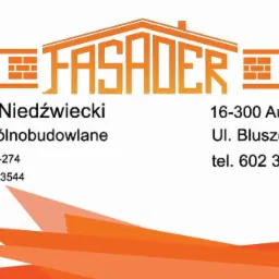 Wizytówka firmy budowlanej Dariusz Niedźwiecki Usługi Ogólnobudowlane z Augustowa, zawierająca logo z motywami muru, domu i narzędzi.