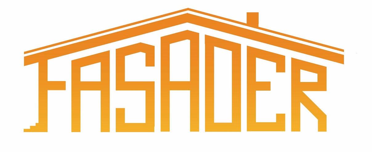 Pomarańczowe logo firmy 'FASADER' w kształcie domu, z kominem, na białym tle.