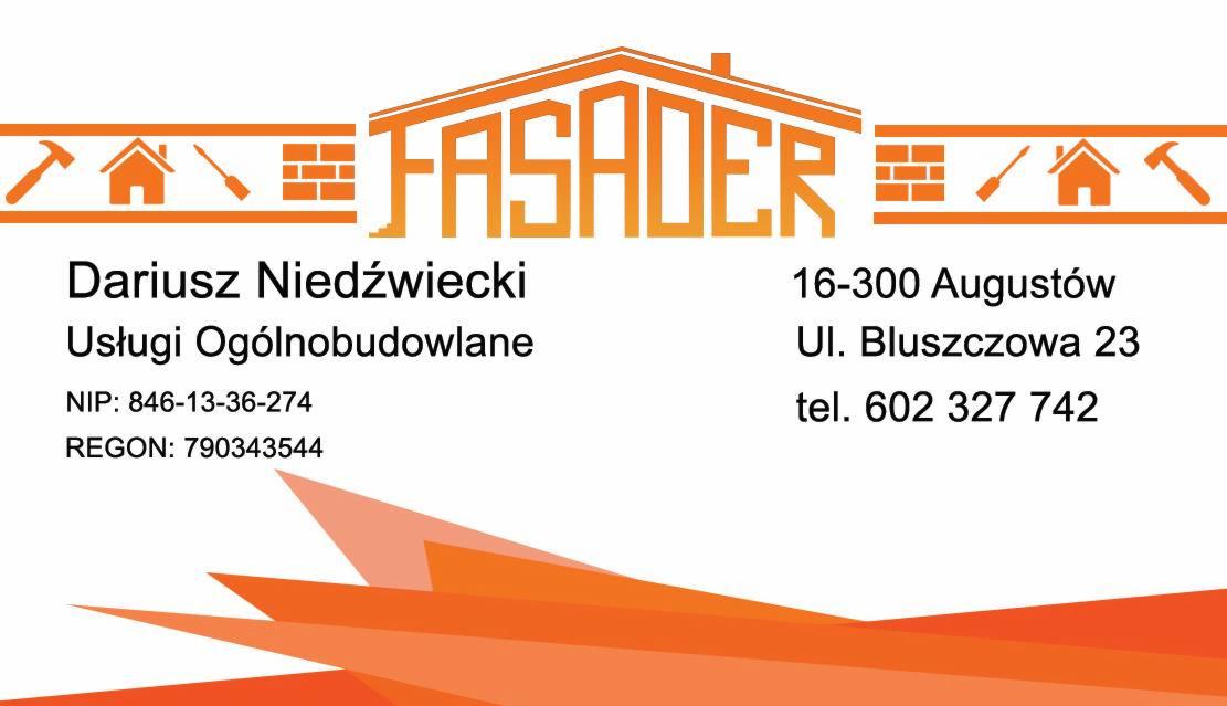 Wizytówka firmy budowlanej Dariusz Niedźwiecki Usługi Ogólnobudowlane z Augustowa, zawierająca logo z motywami muru, domu i narzędzi.