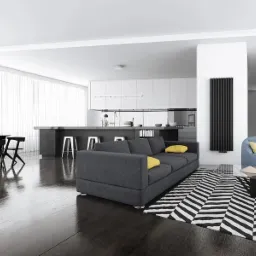 Nowoczesne wnętrze: czarny grzejnik panelowy pionowy na białej ścianie, szara sofa z żółtymi poduszkami, czarno-biały dywan w paski, otwarta kuchnia w tle.